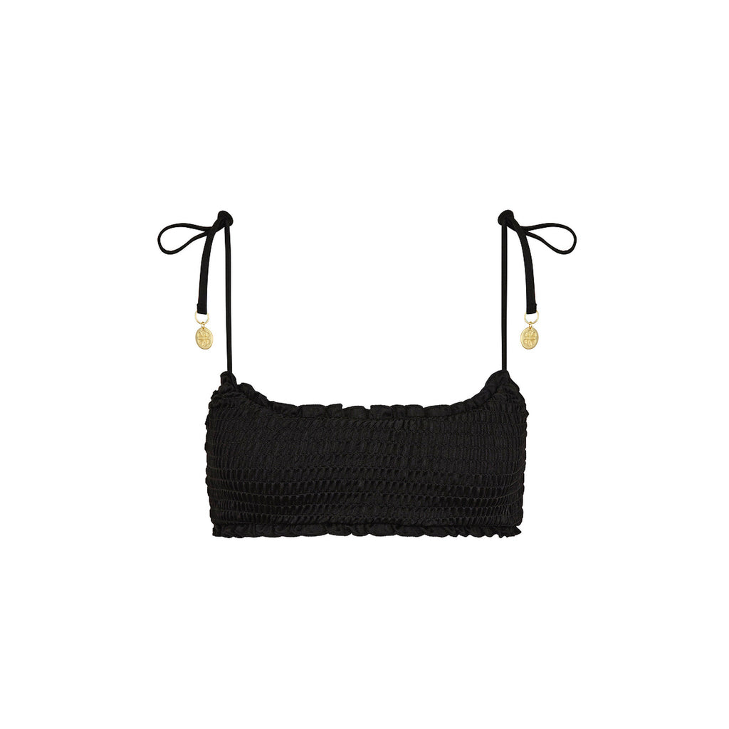 Shirred Crop Tie Bikini Top - Twilight Black